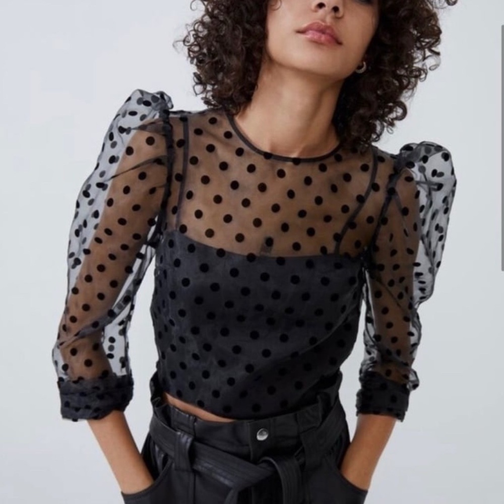 Zara Black Sheer Polka Dot Blouse